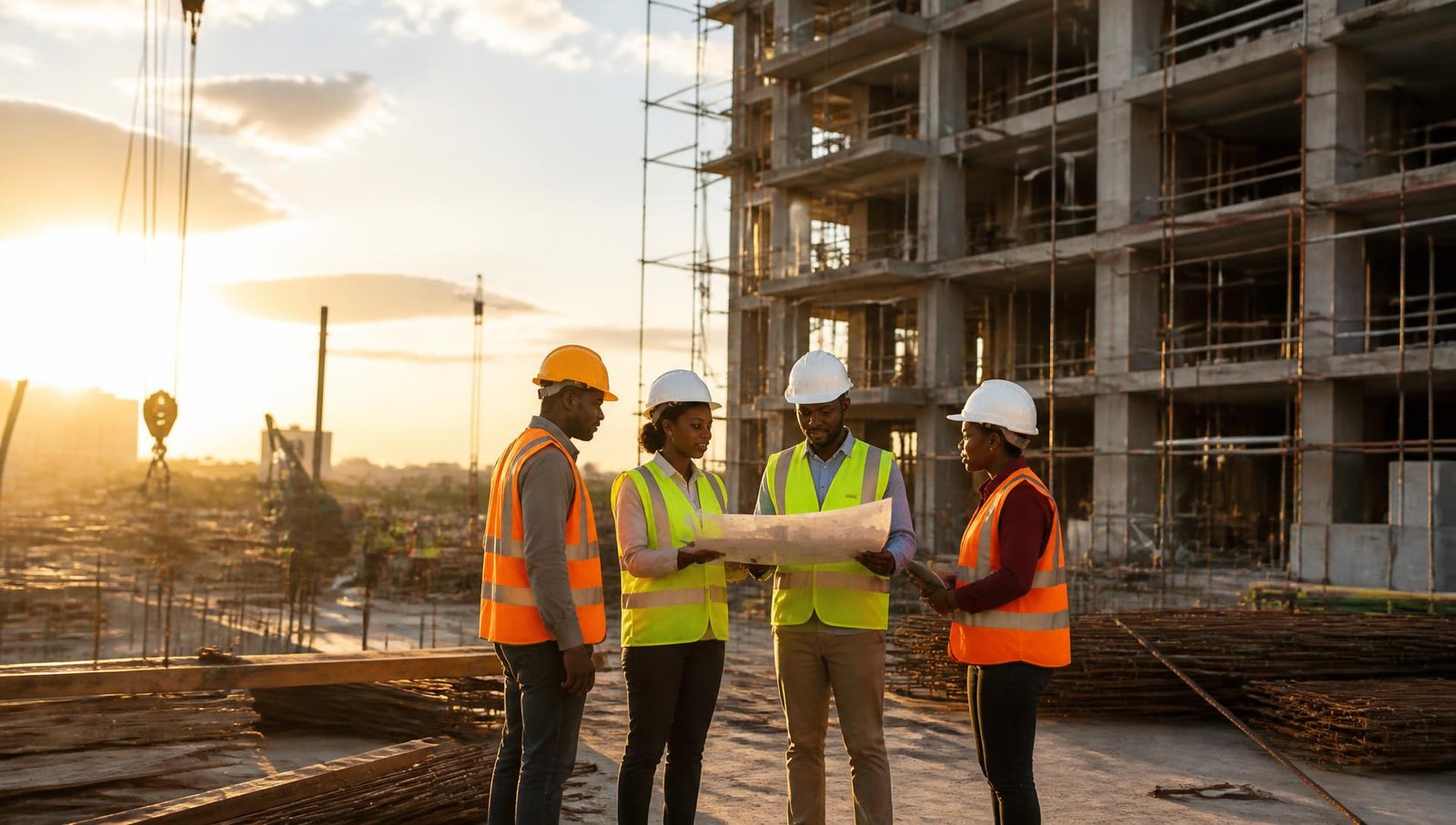 Equipa de construção civil a analisar plantas numa obra